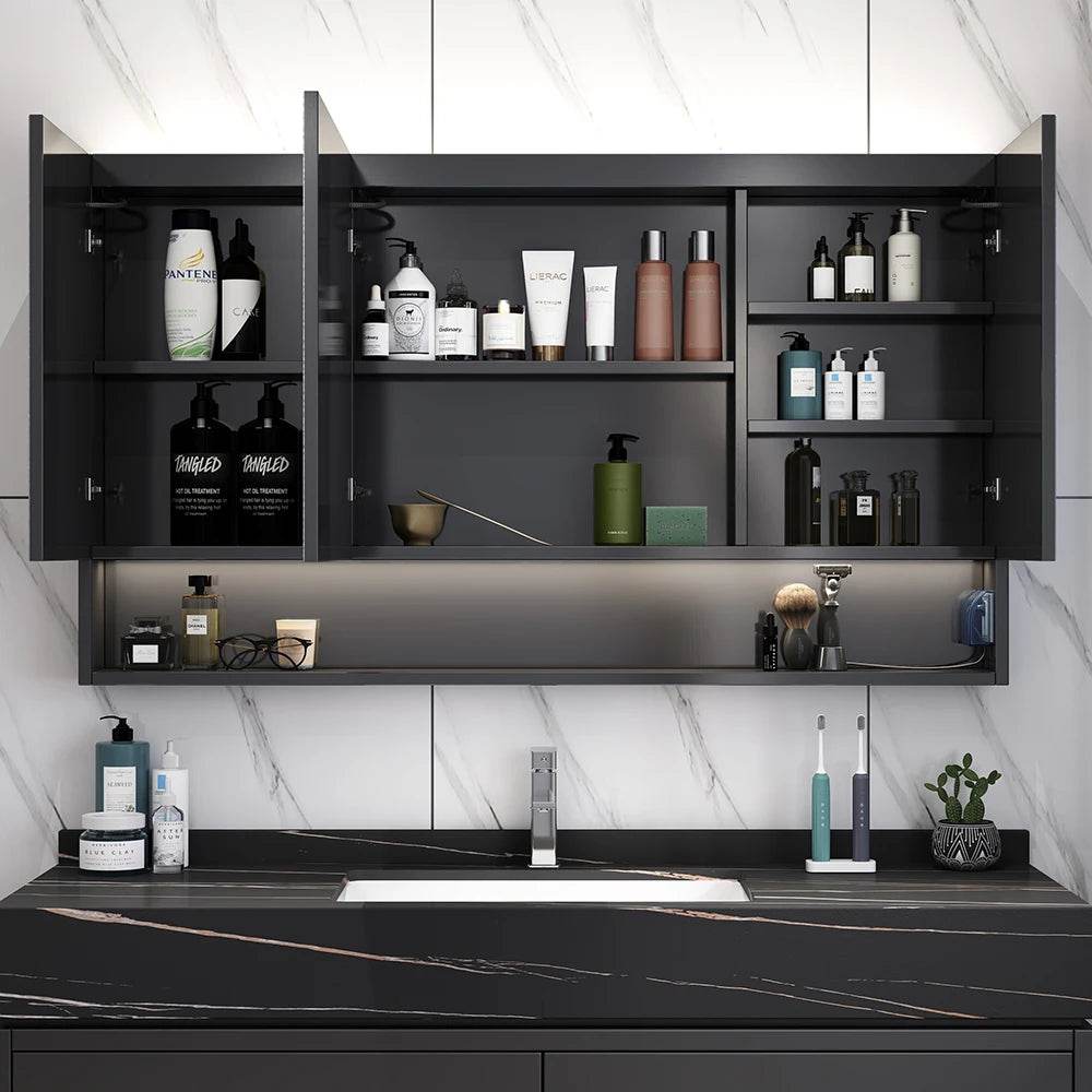 Matte Black 3 Open Doors Bathroom Vanity Top Mirror Cabinet With Led Light - My Store