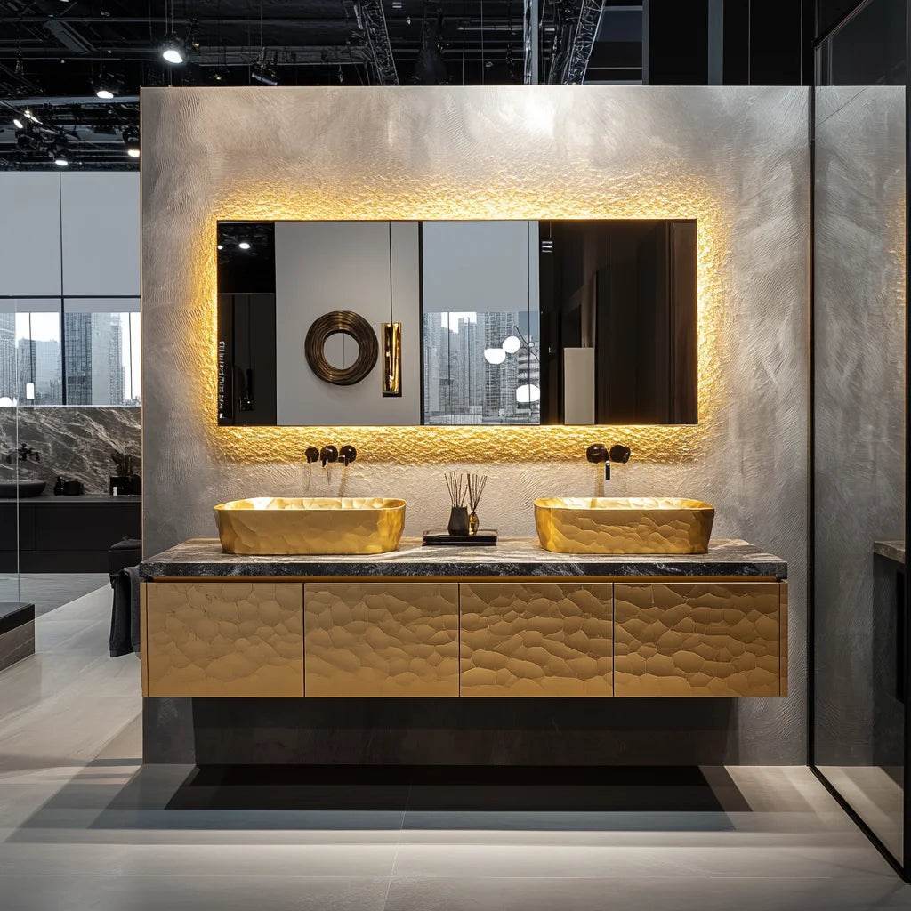 Custom Marble Luxury Bathroom Vanity Gold Trim Floating Double Bathroom Vanity With Basin - My Store