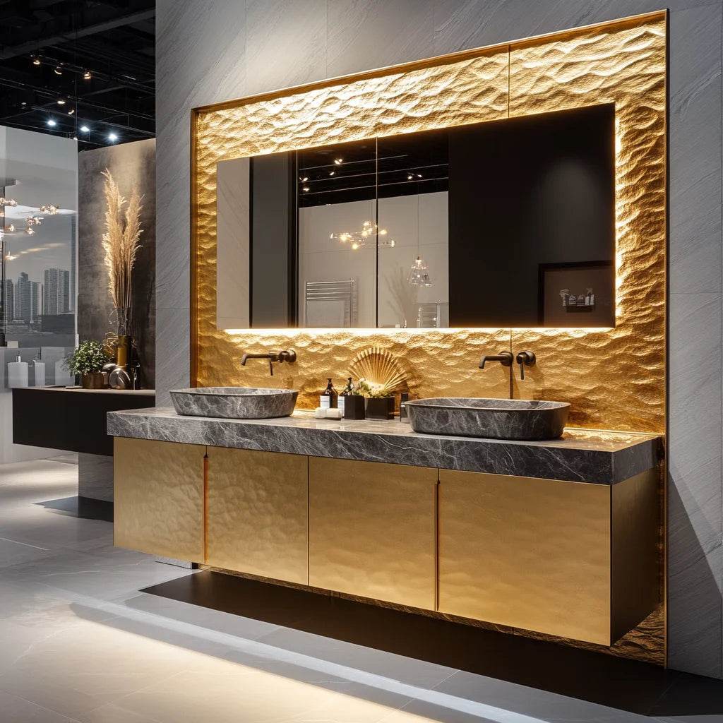 Custom Marble Luxury Bathroom Vanity Gold Trim Floating Double Bathroom Vanity With Basin - My Store