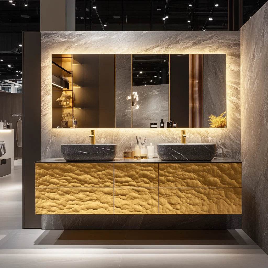 Custom Marble Luxury Bathroom Vanity Gold Trim Floating Double Bathroom Vanity With Basin - My Store