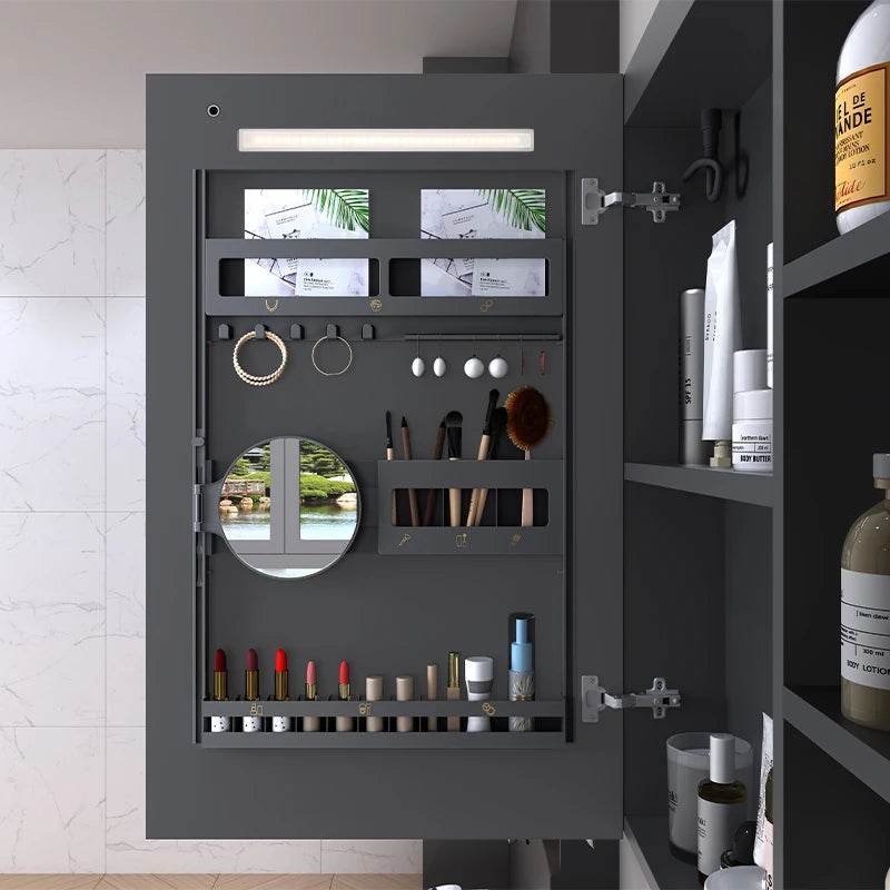 Matt Grey Stainless Steel Wall Mounted Mirror Makeup Lockable Storage Organizer Led Light Jewelry Cabinet - My Store