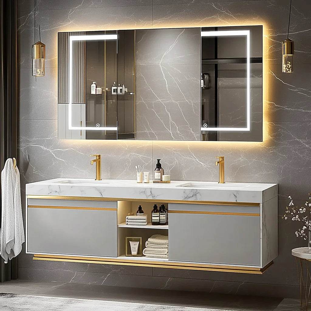 High-Quality Modern Design With LED Mirror and Double Sinks Bathroom Vanity - My Store
