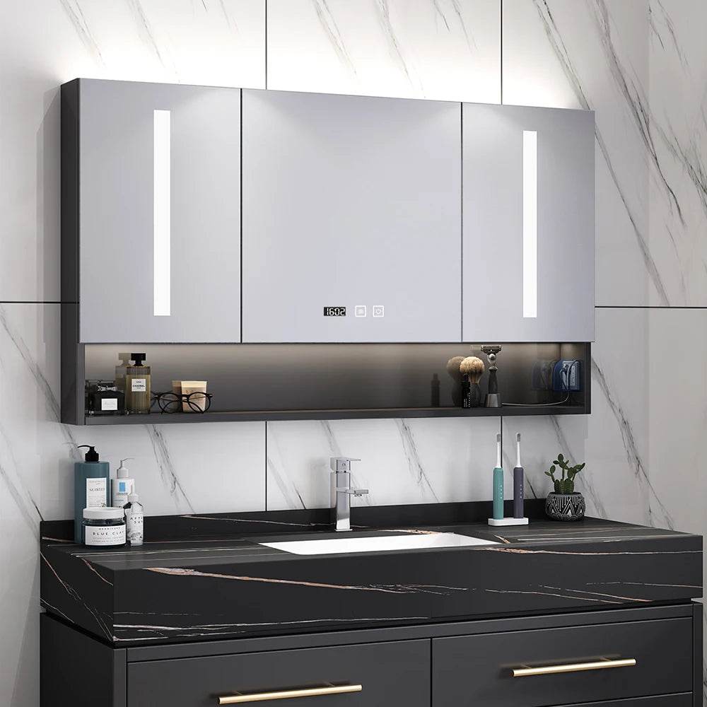 Matte Black 3 Open Doors Bathroom Vanity Top Mirror Cabinet With Led Light - My Store