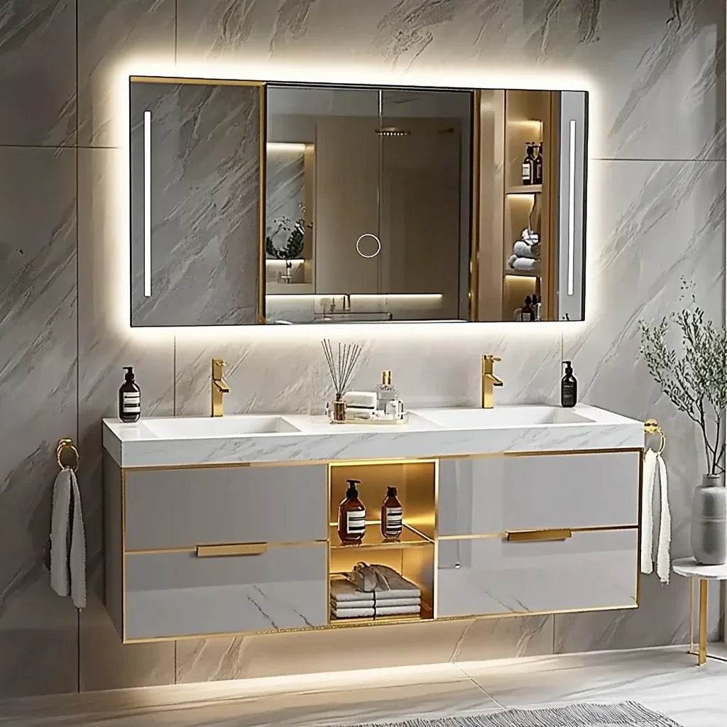 High-Quality Modern Design With LED Mirror and Double Sinks Bathroom Vanity - My Store