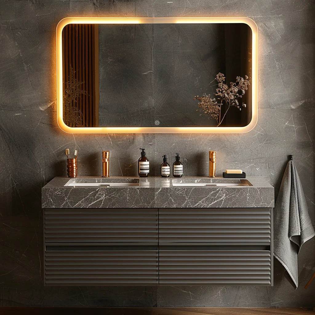 Luxury Modern Hotel Marble Wall Mounted Mirrored Floating Double Sink Stainless Steel Bathroom Vanity Cabinets Set With Sink - My Store