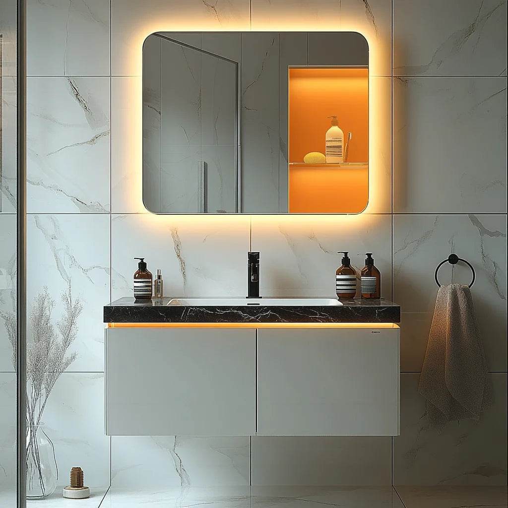 Modern Single Sintered Stone Floating for Bathroom Vanity Sink Cabinet Stainless Steel Carcase for Hotel Villa LED Mirror Vaniti - My Store