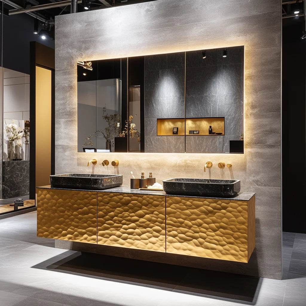 Custom Marble Luxury Bathroom Vanity Gold Trim Floating Double Bathroom Vanity With Basin - My Store