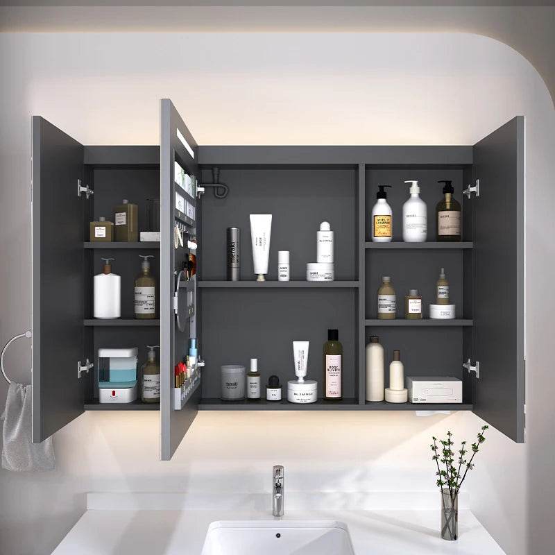 Matt Grey Stainless Steel Wall Mounted Mirror Makeup Lockable Storage Organizer Led Light Jewelry Cabinet - My Store