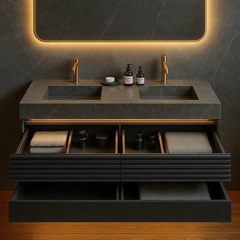 Luxury Modern Hotel Marble Wall Mounted Mirrored Floating Double Sink Stainless Steel Bathroom Vanity Cabinets Set With Sink - My Store