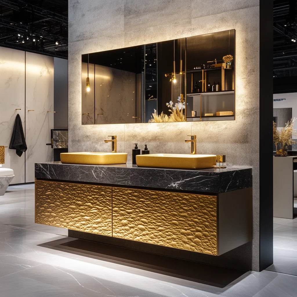 Custom Marble Luxury Bathroom Vanity Gold Trim Floating Double Bathroom Vanity With Basin - My Store