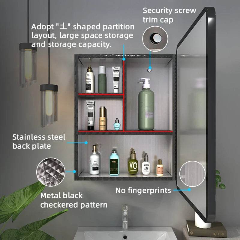 Modern Black Stainless Steel Mirrored Door Medicine Cabinet Bathroom Cabinet - My Store