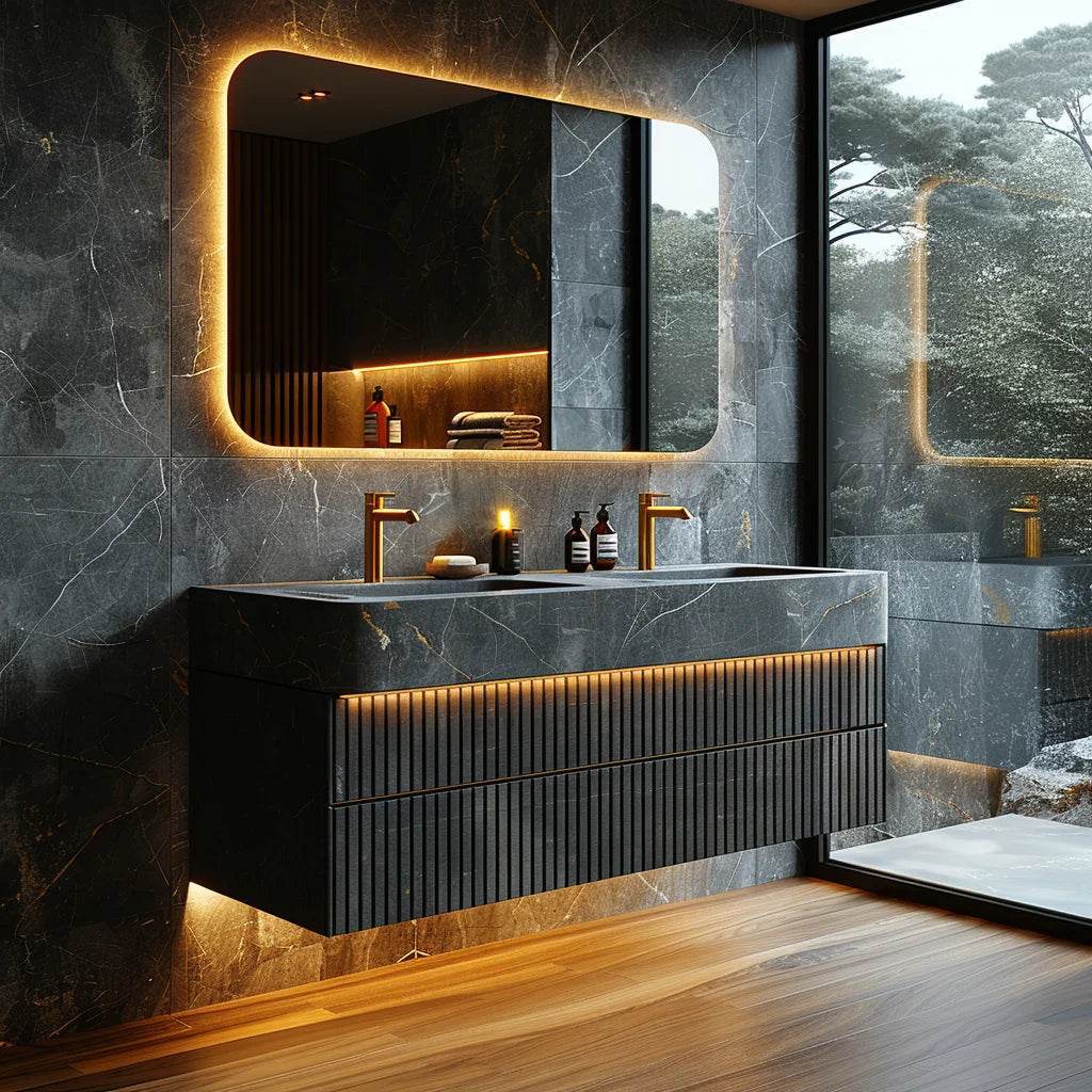 Luxury Modern Hotel Marble Wall Mounted Mirrored Floating Double Sink Stainless Steel Bathroom Vanity Cabinets Set With Sink - My Store