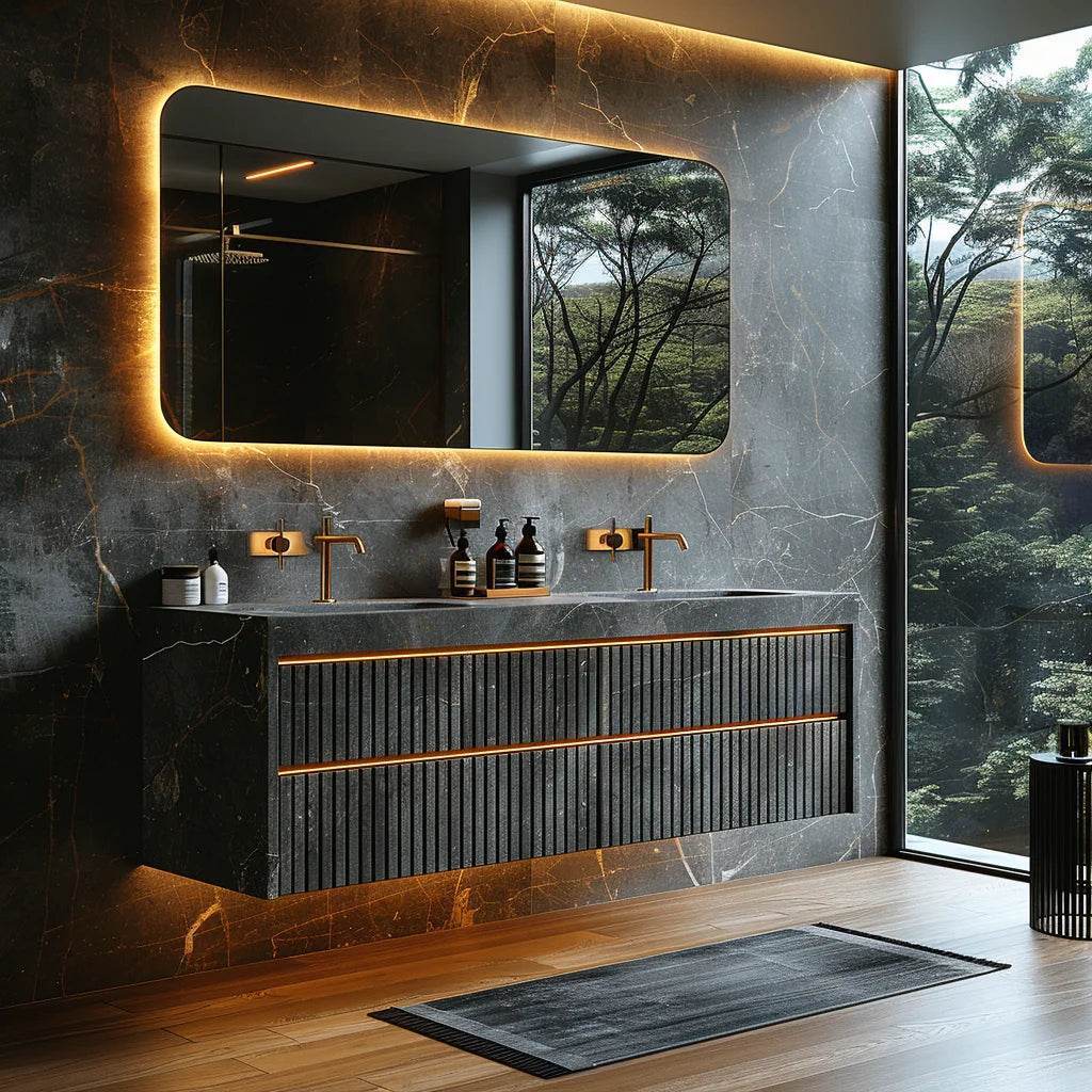 Luxury Modern Hotel Marble Wall Mounted Mirrored Floating Double Sink Stainless Steel Bathroom Vanity Cabinets Set With Sink - My Store