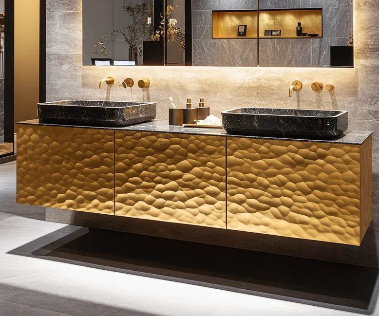 Custom Marble Luxury Bathroom Vanity Gold Trim Floating Double Bathroom Vanity With Basin - My Store