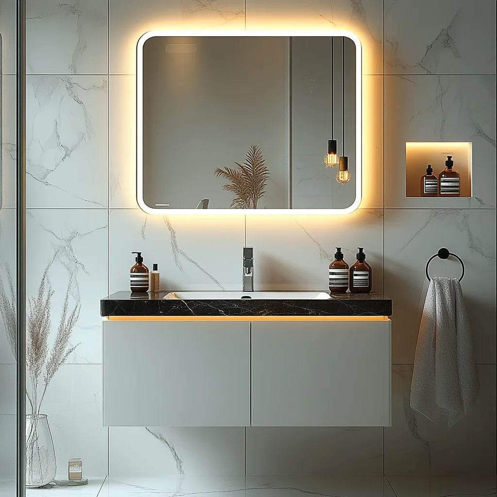 Modern Single Sintered Stone Floating for Bathroom Vanity Sink Cabinet Stainless Steel Carcase for Hotel Villa LED Mirror Vaniti - My Store