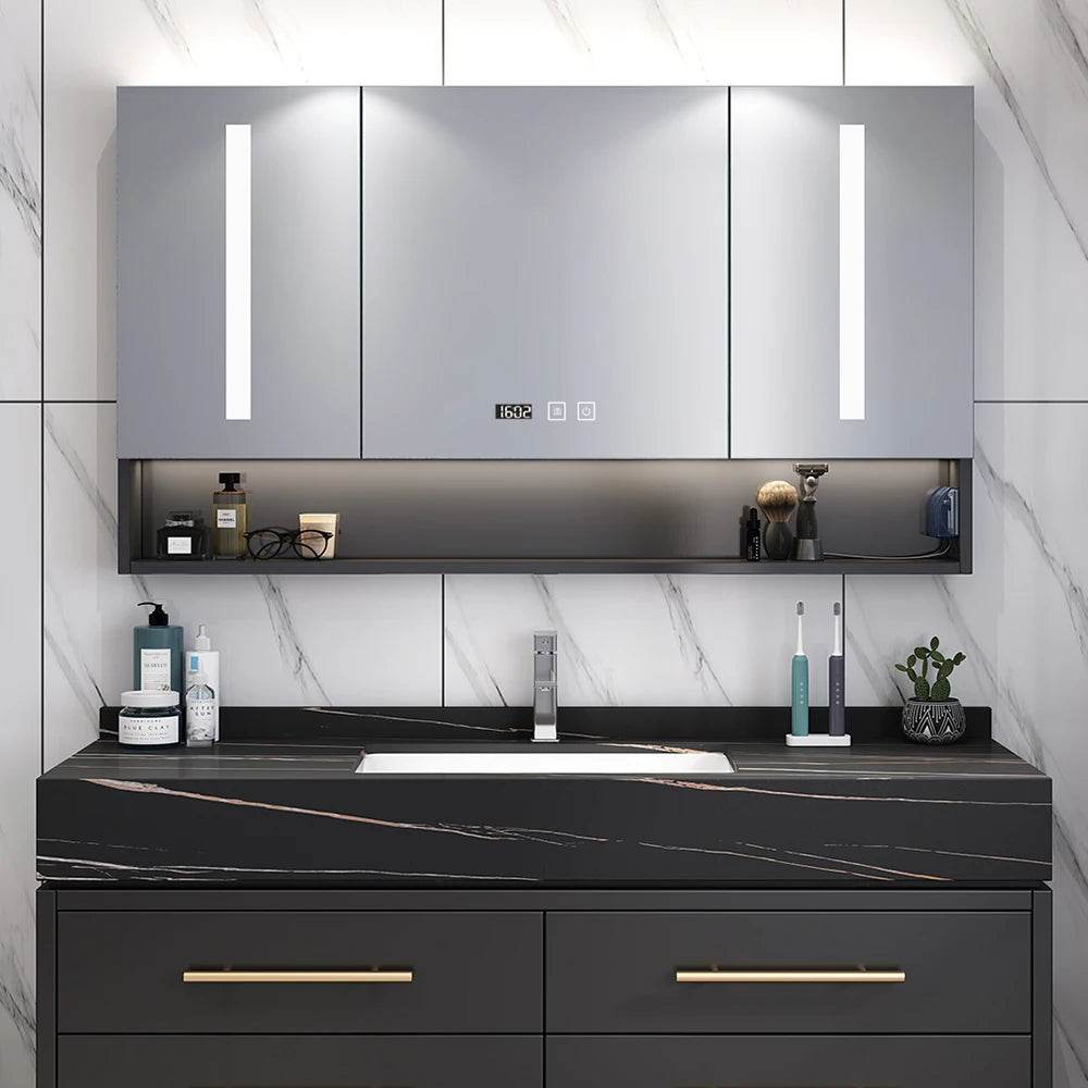 Matte Black 3 Open Doors Bathroom Vanity Top Mirror Cabinet With Led Light - My Store