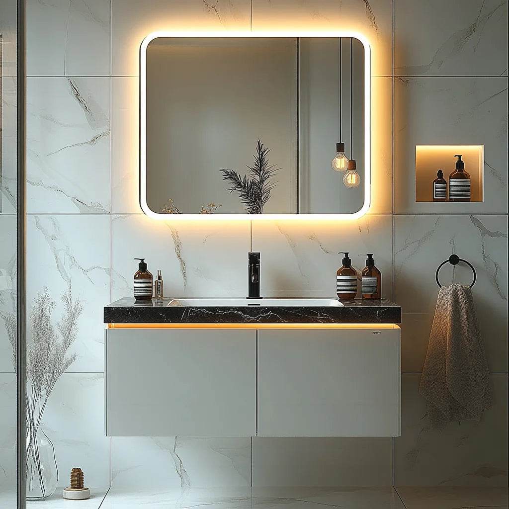 Luxury Modern Marble Design Bathroom Cabinets Mirror Floating Bathroom Vanity Set with Sink - My Store