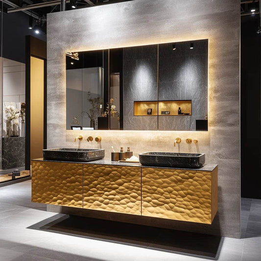 Custom Marble Luxury Bathroom Vanity Gold Trim Floating Double Bathroom Vanity With Basin - My Store