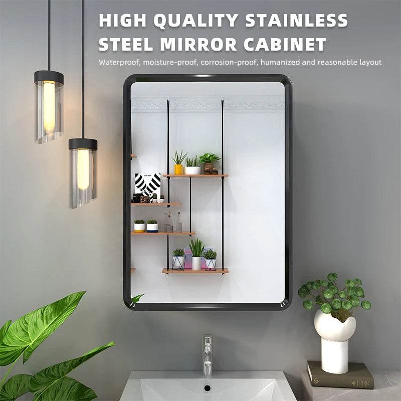 Modern Black Stainless Steel Mirrored Door Medicine Cabinet Bathroom Cabinet - My Store
