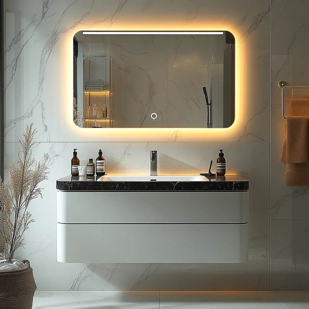 Modern Single Sintered Stone Floating for Bathroom Vanity Sink Cabinet Stainless Steel Carcase for Hotel Villa LED Mirror Vaniti - My Store