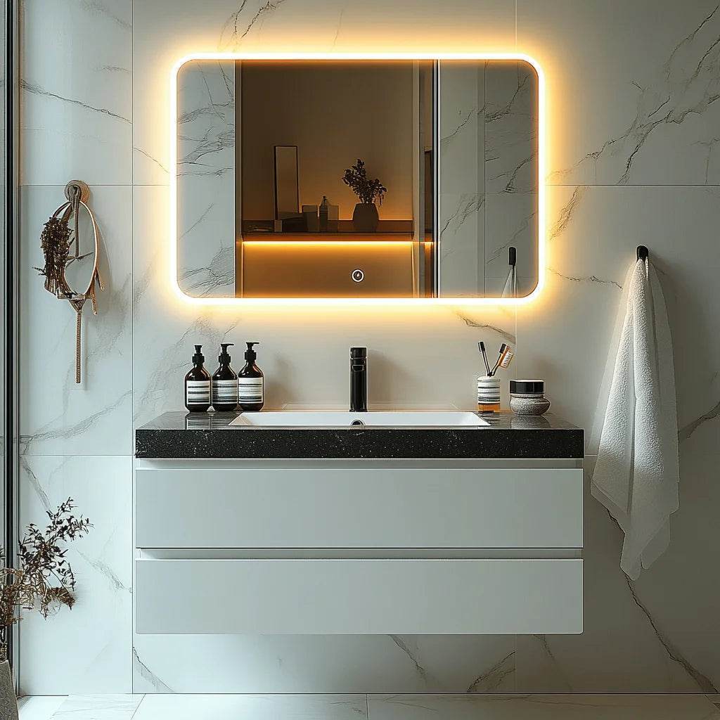 Modern Single Sintered Stone Floating for Bathroom Vanity Sink Cabinet Stainless Steel Carcase for Hotel Villa LED Mirror Vaniti - My Store