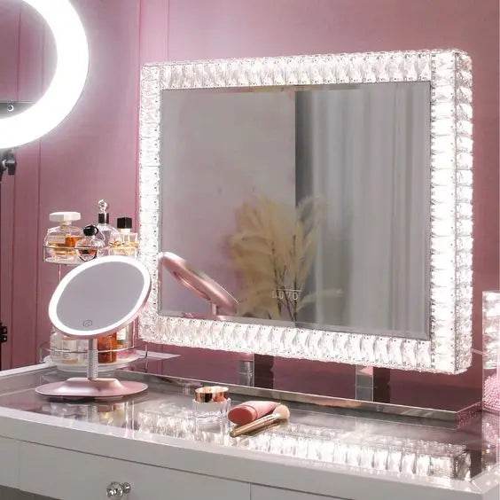Hotel Oval Led Standing Circle Diamond Crystal Led Make up Mirror Anti-Fog Bathroom Mirror With Led Light - My Store